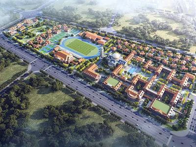 Aerial View of School Campus with Red Roof Buildings Green Spaces and Sports Fields 3d model