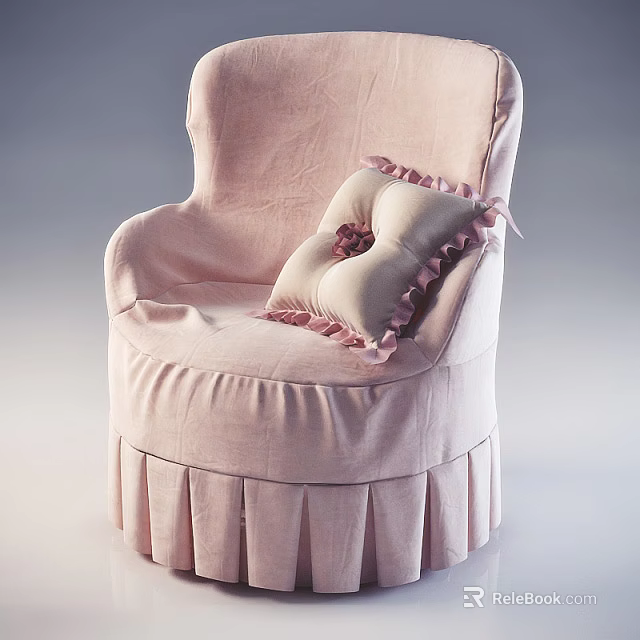 Pink Single Armchair with Ruffled Skirt and Soft Fabric Upholstered Decorative Bow Cushion 3d model 