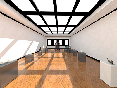 Cultural Center Spacious Exhibition Hall With White Walls Wooden Flooring Glass Skylights And Display Stands 3d model
