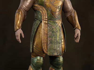 Game Movie Character In Intricate Golden Green Armor With Ornate Patterns 3d model