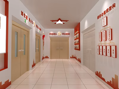 Office Corridor Interior With Red Decorations Wall Displays And Tile Floor 3d model