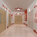 Office Corridor Interior With Red Decorations Wall Displays And Tile Floor