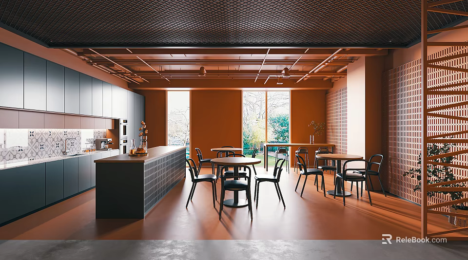 Modern Break Room Interior With Tables Chairs Cabinets Windows And Lighting 3d model