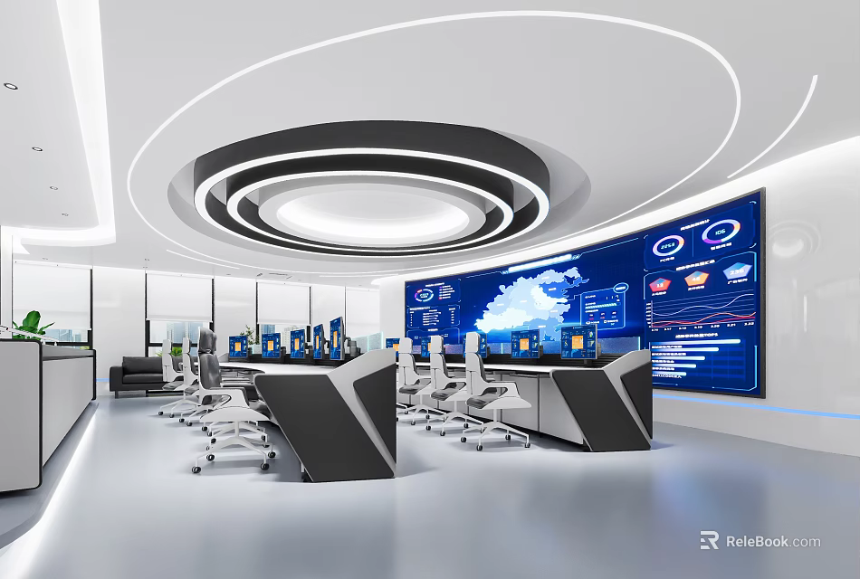 Hi tech Monitoring Room With Large Screens And Modern Setup 3d model 