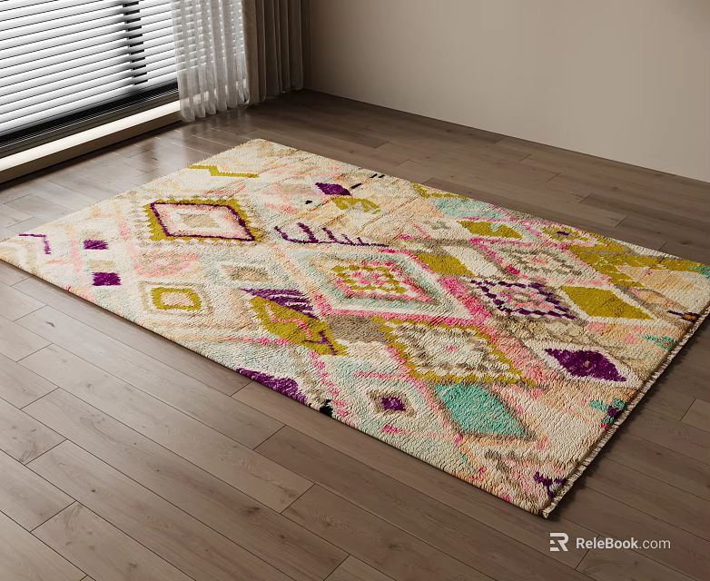 Square Area Rug With Vibrant Geometric Patterns On Wooden Floor 3d model