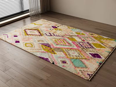 Square Area Rug With Vibrant Geometric Patterns On Wooden Floor 3d model