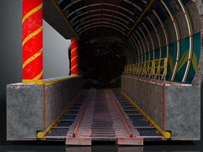 Industrial Tunnel Interior With Red Striped Pillars Yellow Railings And Tracks 3d model