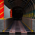 Industrial Tunnel Interior With Red Striped Pillars Yellow Railings And Tracks