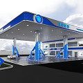 Modern Gas Station Exterior With Blue Canopy Fuel Pumps And Signage