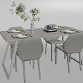 Modern Dining Table Set With White Table Grey Chairs And Green Plant Decor 3d model