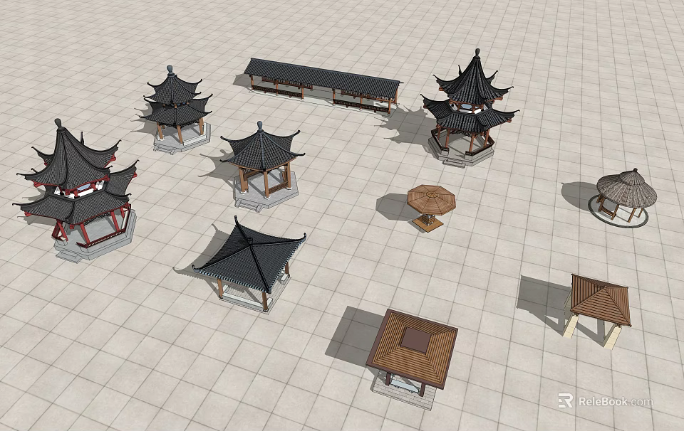 Traditional Chinese Architectural Models Including Pavilions Corridors On Square Tile Ground 3d model 