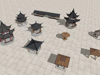 Traditional Chinese Architectural Models Including Pavilions Corridors On Square Tile Ground 3d model