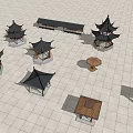 Traditional Chinese Architectural Models Including Pavilions Corridors On Square Tile Ground