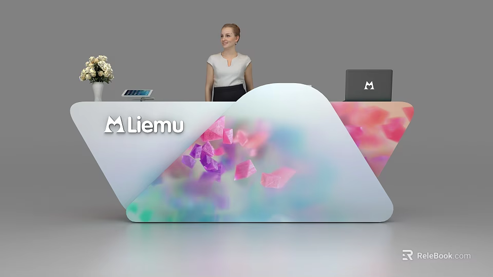 Modern Liemu Reception Desk With Colorful Pattern Laptop And Flower Bouquet 3d model 