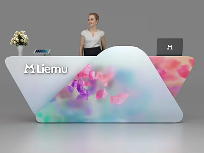 Modern Liemu Reception Desk With Colorful Pattern Laptop And Flower Bouquet 3d model