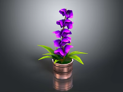 Purple Flower Plant With Green Leaves In Copper Pot On Dark Background 3d model