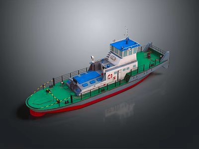 Small Work Vessel With Blue Top White Body Green Deck And Red Bottom 3d model