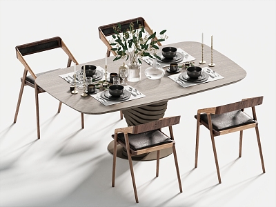 Modern Dining Table and Chair Tableware Single Chair Dining Table Dining Chair Vase Floral Art 3d model