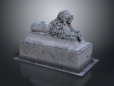Reclining Stone Lion Sculpture With Detailed Mane On Rectangular Pedestal And Smooth Base 3d model