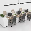 Modern Office Desk With Multiple Workstations Computers Ergonomic Chairs And Green Plants 3d model