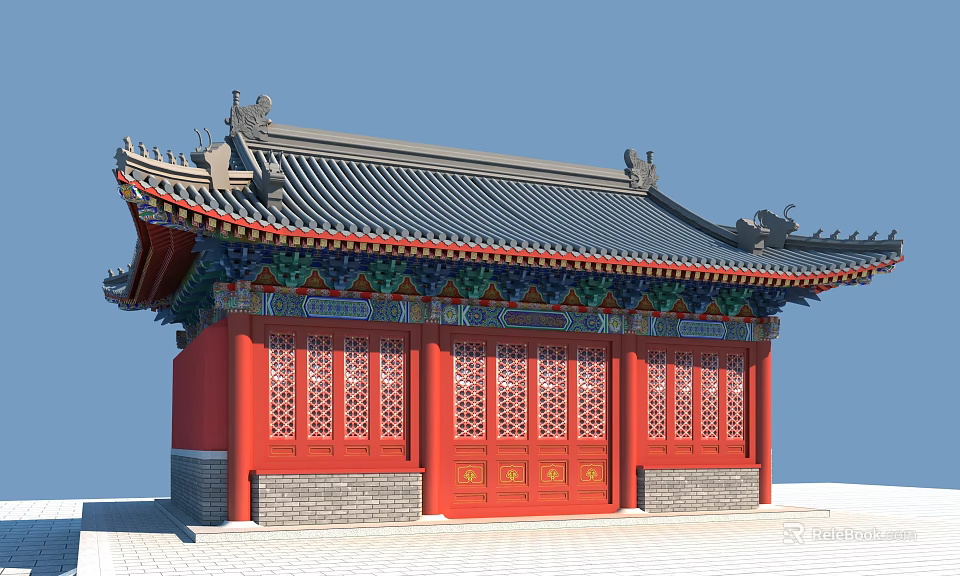 Ancient Chinese Architecture With Overhanging Eaves Red Carved Doors Dark Roof And Gray Brick Walls 3d model 