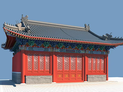 Ancient Chinese Architecture With Overhanging Eaves Red Carved Doors Dark Roof And Gray Brick Walls 3d model
