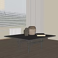 Modern Black Coffee Table With Ceramic Vase Sculpture And Book By Window With Blinds