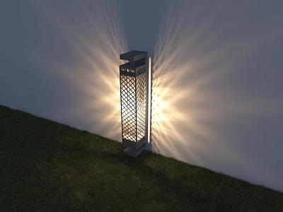 Outdoor Light with Hollow Design Illuminating Grass and White Wall with Radiant Light Beams 3d model