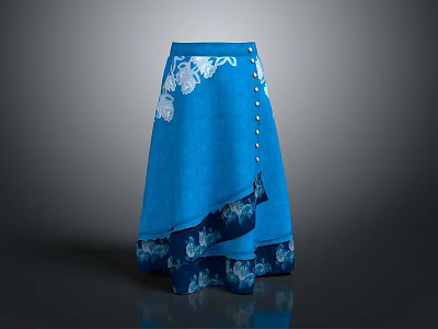 Elegant Blue Skirt With White Floral Pattern Asymmetric Hem And Button Details 3d model