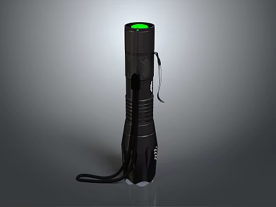 Black Tactical Flashlight With Green LED Light And Wrist Lanyard Design 3d model