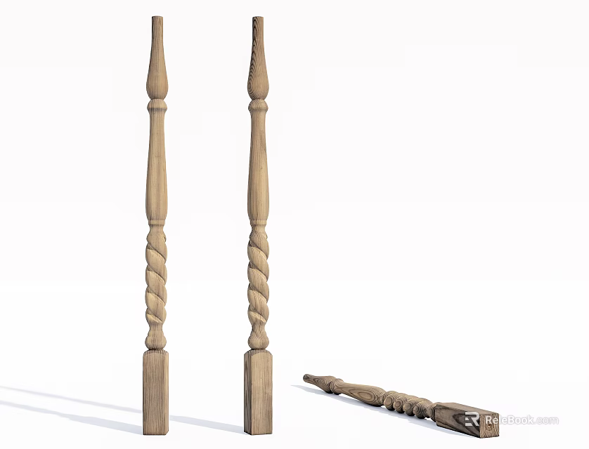Stone Wood Crafted Staircase Balusters With Spiral Carved Design Details 3d model 