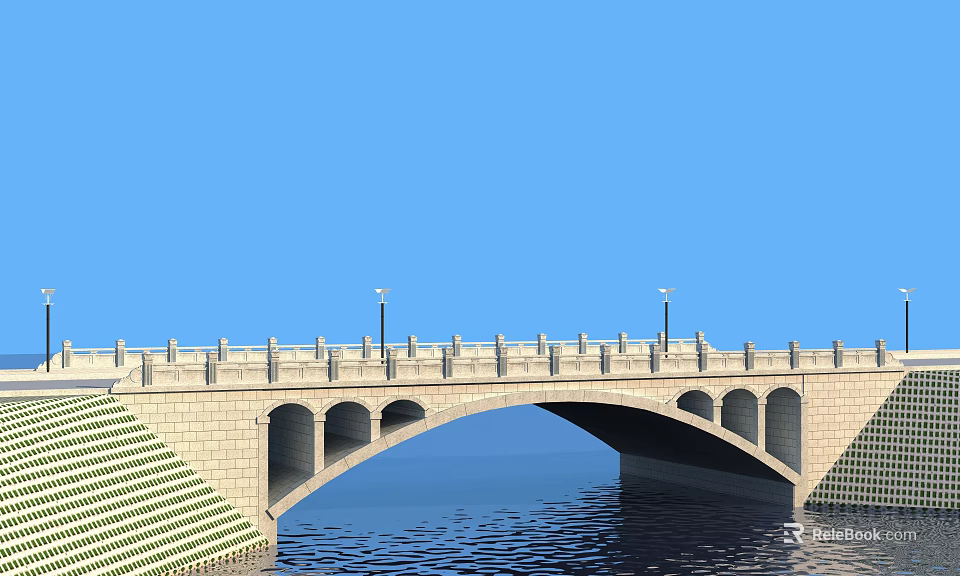 Stone Arch Bridge with Railings and Street Lamps Over Calm Water Under Blue Sky 3d model 