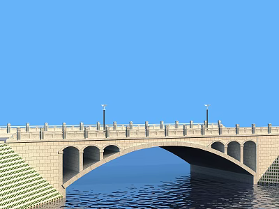 Stone Arch Bridge with Railings and Street Lamps Over Calm Water Under Blue Sky 3d model