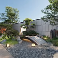 Traditional Courtyard Garden With Stone Bridge Pebble Ground Lanterns Lush Trees And Wooden Pathway