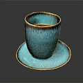 Turquoise Ceramic Cup With Brown Rim And Matching Textured Saucer On Black Surface