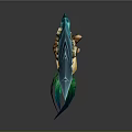 Blue Decorative Weapon With Golden Accents Green Feather And Braided Rope Design