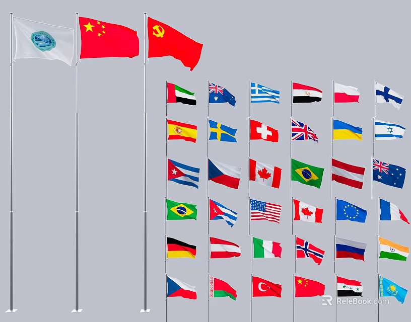 Colorful National Flags From Various Countries Waving On Flagpoles In A Row 3d model 