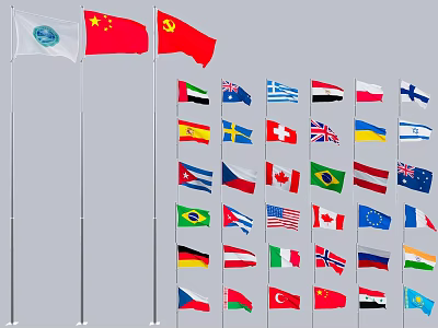 Colorful National Flags From Various Countries Waving On Flagpoles In A Row 3d model