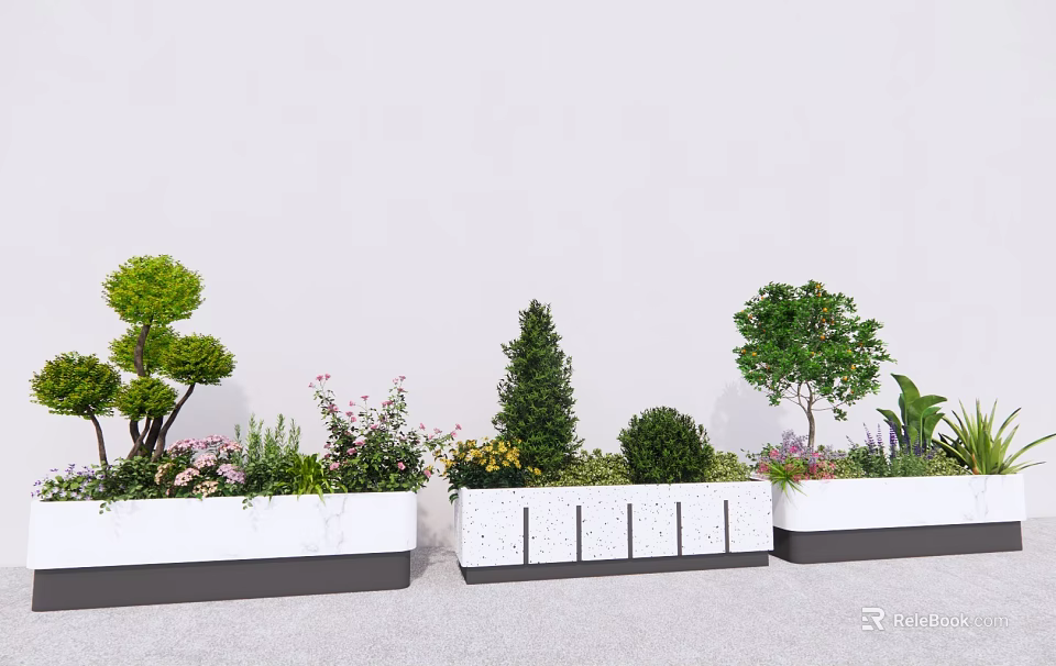 Modern Flower Planters With Trees Shrubs And Colorful Garden Flowers 3d model 