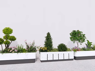 Modern Flower Planters With Trees Shrubs And Colorful Garden Flowers 3d model