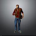 A Man In Red Shirt Brown Vest Blue Jeans And Sneakers Gesturing Against Gray Background