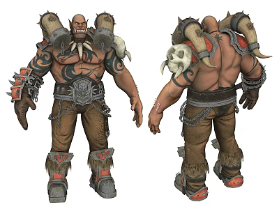 Horned Orc Warrior Game Movie Character With Tattooed Body Leather Armor And Skull Shoulders 3d model