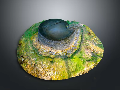 Ancient Circular Building Ruins With Black Dome Top And Green Vegetation Covered Stone Base 3d model