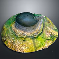 Ancient Circular Building Ruins With Black Dome Top And Green Vegetation Covered Stone Base