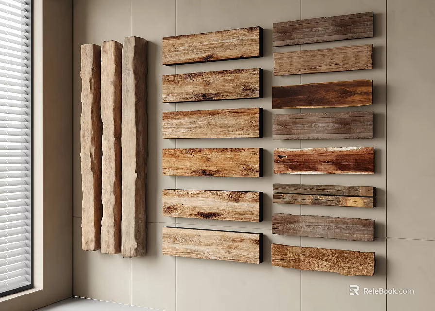 Natural Stone And Wood Wall Decor With Arranged Panels And Light Background Texture Design 3d model 