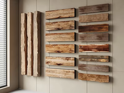 Natural Stone And Wood Wall Decor With Arranged Panels And Light Background Texture Design 3d model