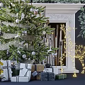 Festive Christmas Decoration Scene With Decorated Tree Fireplace Gifts And Garland Lights