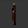 3D Character Model With Bald Head Brown Long Coat Red Belt And Black Boots