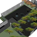 Urban Garden Landscape With Dark Paved Pathway Lush Trees And Central Water Feature