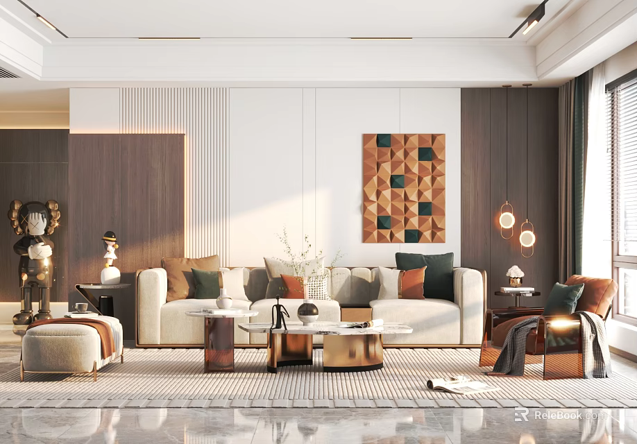 Modern Living Room Interior With Comfy Sofa Throw Pillows Geometric Art And Area Rug 3d model 